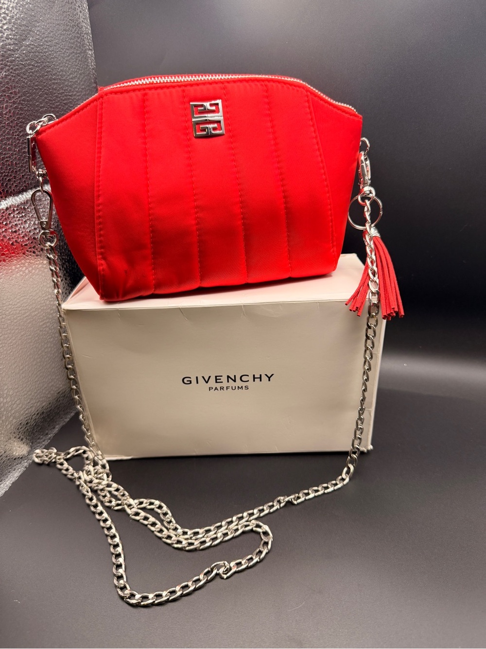 Givenchy Beauty Red Cosmetic Pouch Makeup Bag w/ Chain customized Crossbody